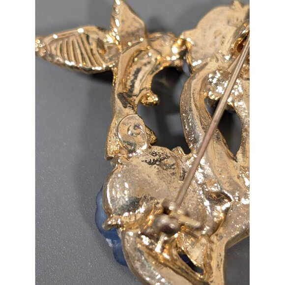 Vintage Hummingbird Pin Brooch Blue Lucite Flowers Gold Tone - Picture 6 of 7